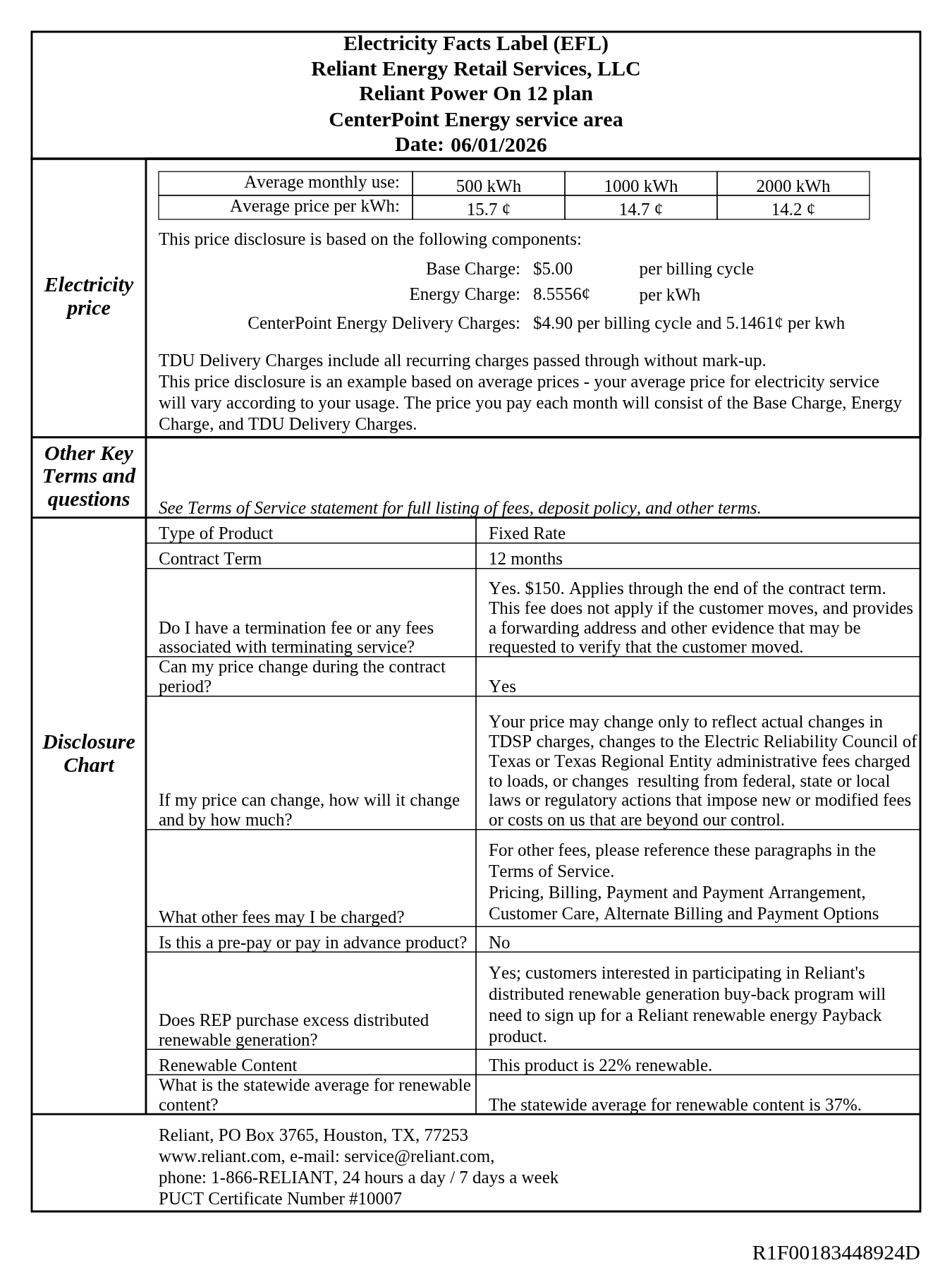 Actual Reliant Power On 12 Electricity Facts Label for the CenterPoint Energy service area, dated June 1, 2026